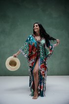 Luxe kaftan kimono - strandjurk - Wings of paradise - one size - lang model - pauw en bloemendesign - Cadeau vrouw