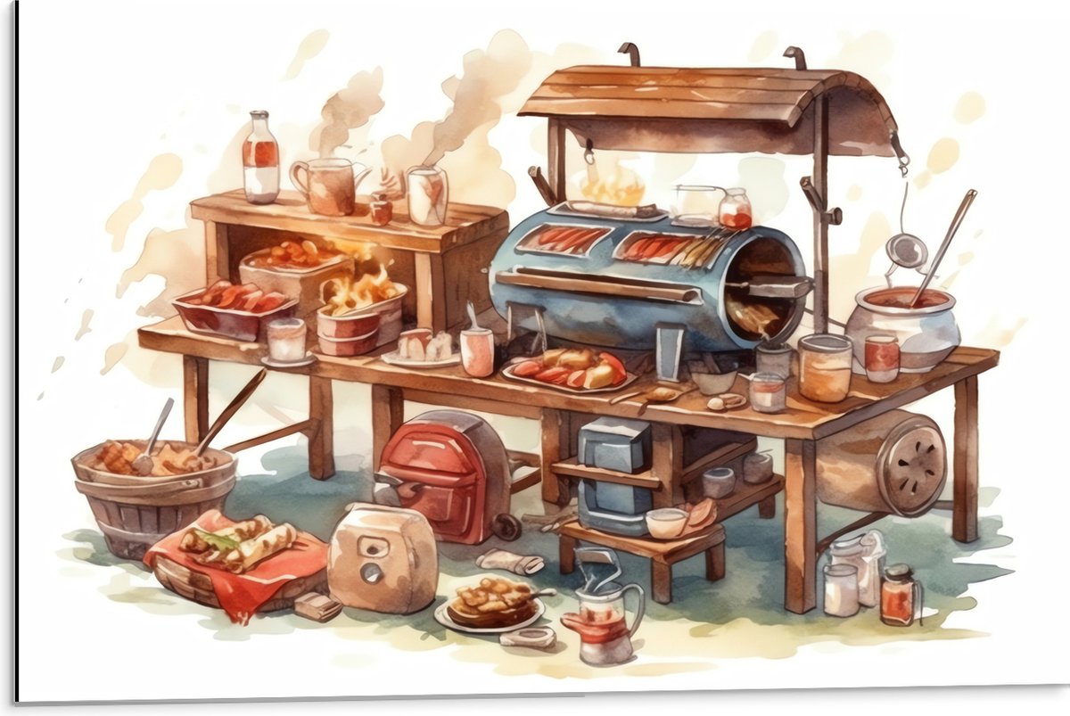 Dibond - Tekening van Barbecue - 75x50 cm Foto op Aluminium (Wanddecoratie van metaal)