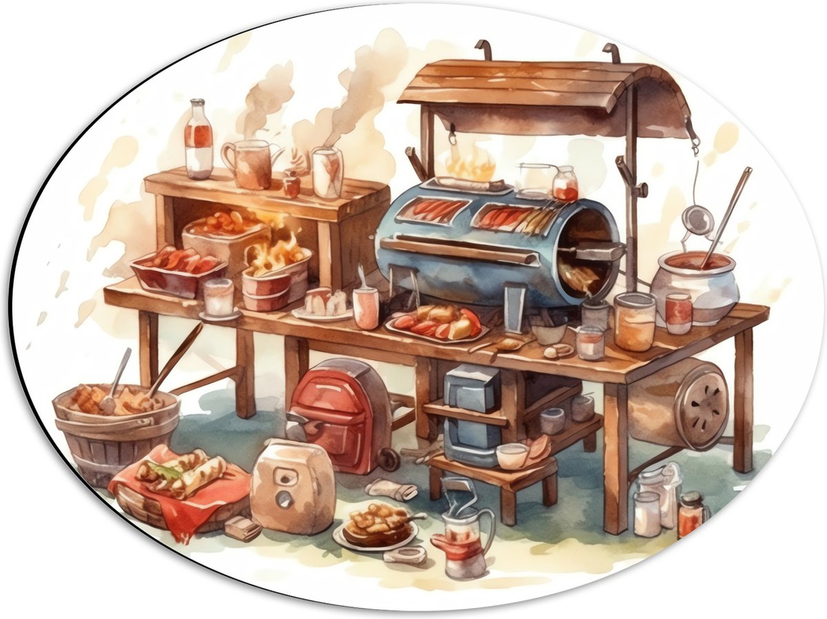 Dibond Ovaal - Tekening van Barbecue - 56x42 cm Foto op Ovaal (Met Ophangsysteem)