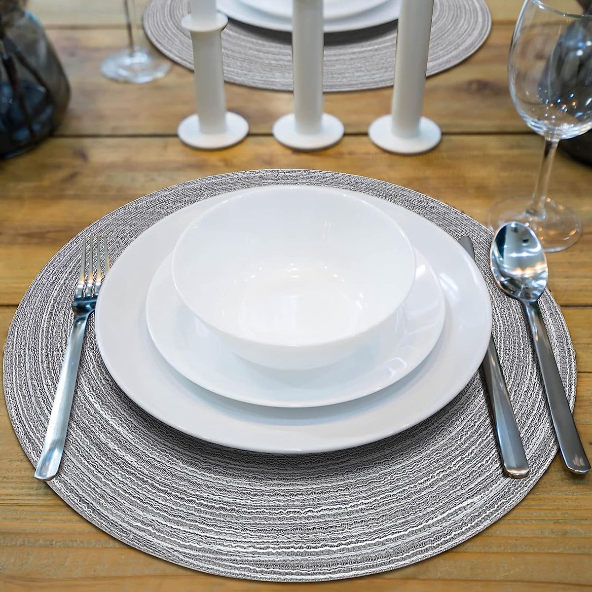 Myir JUN Lederen Placemat Rond en Onderzetters, Tafelmatten Waterdichte Afveegbare Dubbelzijdige Plaats Matten Koffiematten Antislip Wasbare Placemats en Coaster (Sets 6, Grijs terracotta
