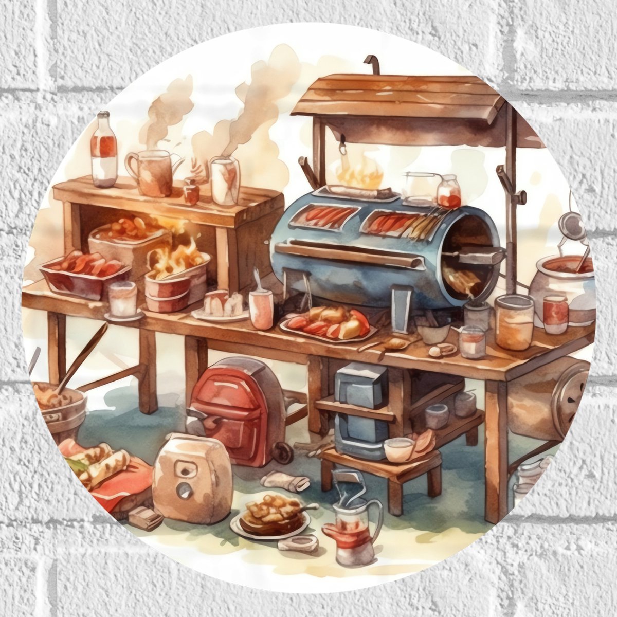 Muursticker Cirkel - Tekening van Barbecue - 30x30 cm Foto op Muursticker