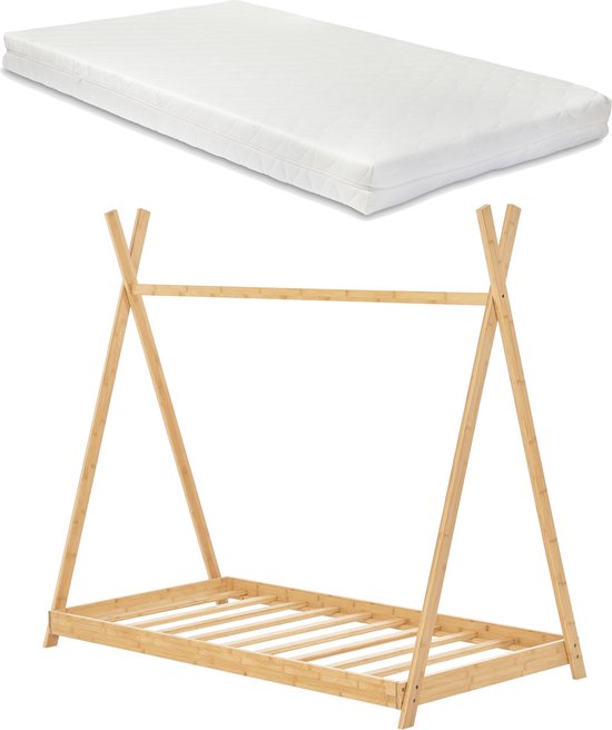 Kinderbed Vin - Tipi Bed - Met Matras - Bamboe - 90x200 cm - Houtkleurig - Voor Jongens - Voor Meisjes - Eenvoudige Montage