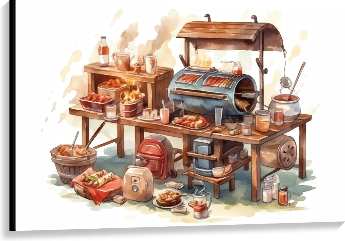 Canvas - Tekening van Barbecue - 120x80 cm Foto op Canvas Schilderij (Wanddecoratie op Can
