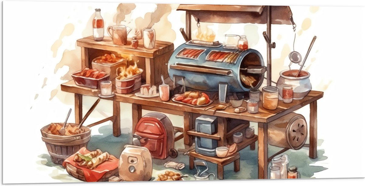 Acrylglas - Tekening van Barbecue - 100x50 cm Foto op Acrylglas (Wanddecoratie op Acrylaat