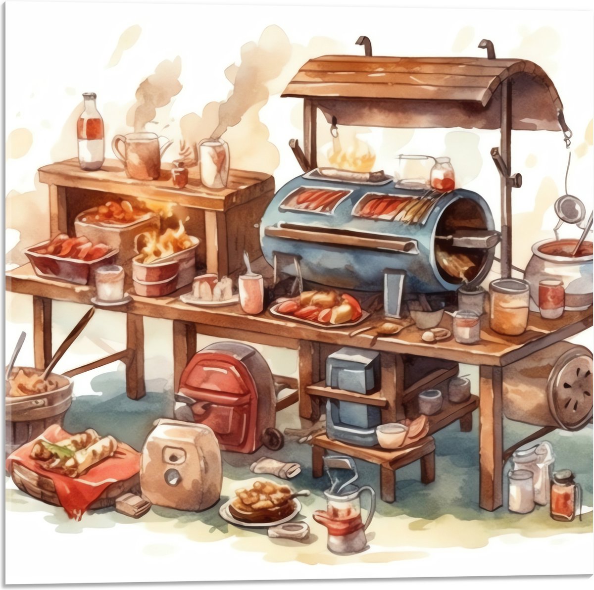Acrylglas - Tekening van Barbecue - 50x50 cm Foto op Acrylglas (Met Ophangsysteem)