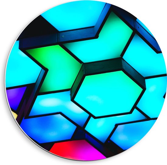 PVC Schuimplaat Muurcirkel - Verschillende Neon Kleurige Hexagons tegen Zwarte Achtergrond - 40x40 cm Foto op Muurcirkel (met ophangsysteem)