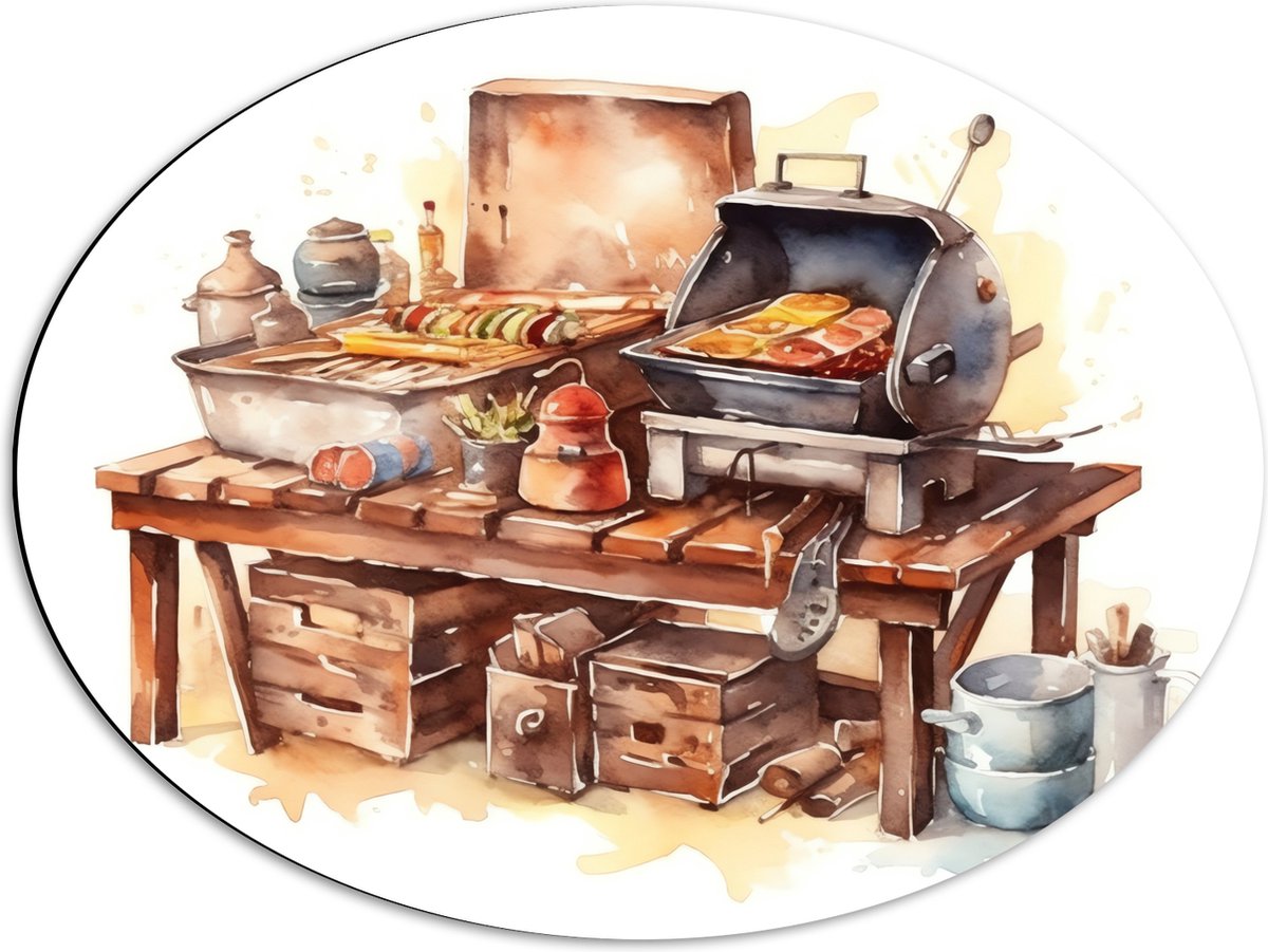 Dibond Ovaal - Waterverf Tekening met Barbecue en Eten - 68x51 cm Foto op Ovaal (Met Ophan