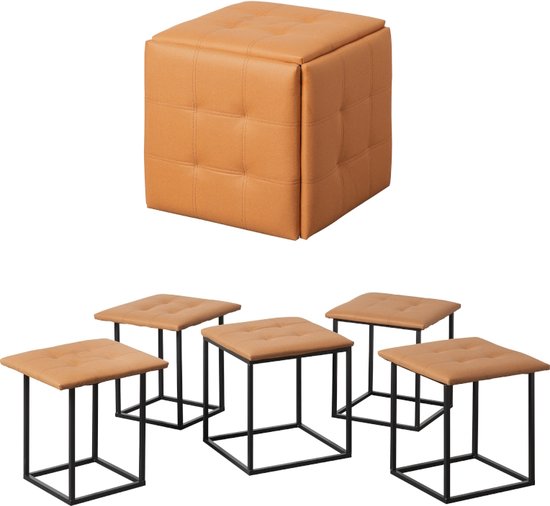 Brulo - pouf 5 en 1 repose-pieds - chaise - 5 chaises - orange - avec roulettes