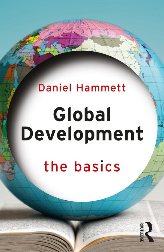 Daniel Hammett Global Development the basics. Un livre ouvert avec un globe terrestre dessus.