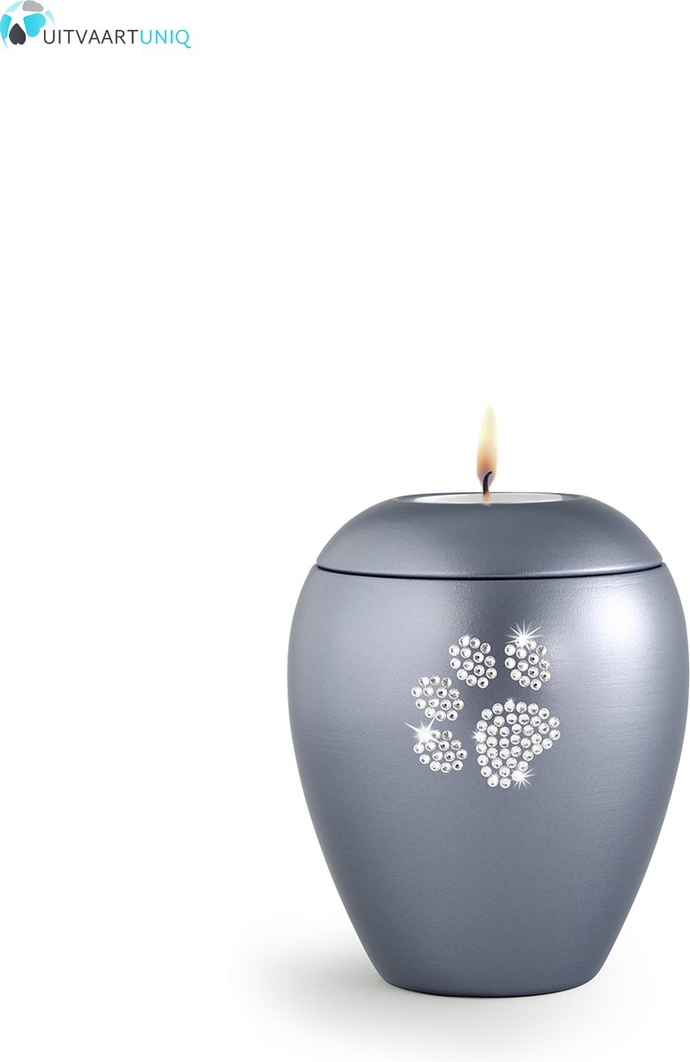 Dierenurn grijs paarlemoer swarovski pootafdruk met licht klein