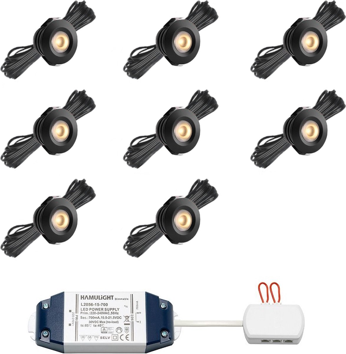 LED inbouwspot Pals bas zwart - inclusief trafo - inbouwspots / downlights / plafondspots / led spot / 3W / dimbaar / warm wit / rond / 230V / IP44 / - set van 8 stuks