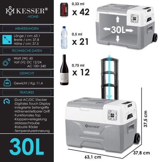 KESSER® Compressor Koelbox Elektrische Vriezer 30 Liter met APP-bediening, USB 12/24V 230V en telescopische stang Wielen - Frigobox tot -20 °C voor auto, vrachtwagen, boot, camper en camping, Grijs van KESSER — afbeelding 4