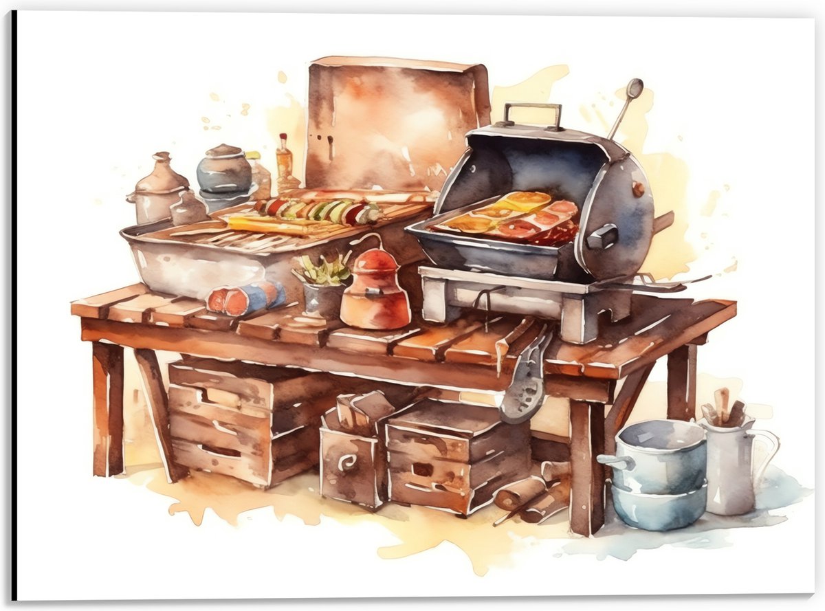 Dibond - Waterverf Tekening met Barbecue en Eten - 40x30 cm Foto op Aluminium (Wanddecorat