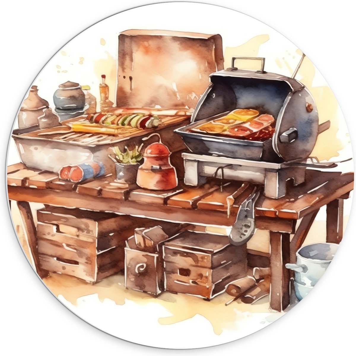 PVC Schuimplaat Muurcirkel - Waterverf Tekening met Barbecue en Eten - 70x70 cm Foto op Mu