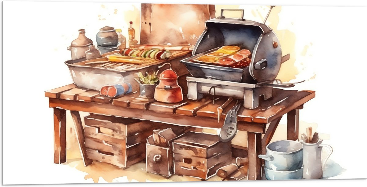 Acrylglas - Waterverf Tekening met Barbecue en Eten - 100x50 cm Foto op Acrylglas (Wanddec