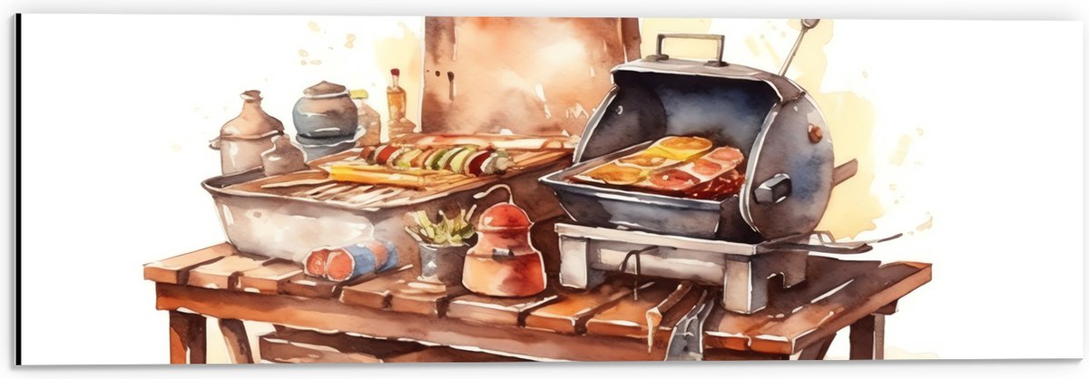 Dibond - Waterverf Tekening met Barbecue en Eten - 60x20 cm Foto op Aluminium (Met Ophangs