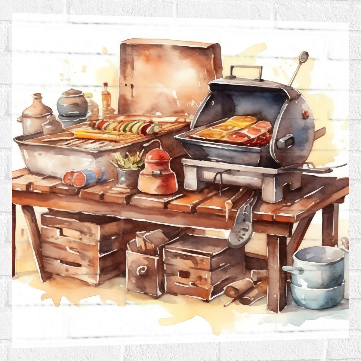 Muursticker - Waterverf Tekening met Barbecue en Eten - 80x80 cm Foto op Muursticker