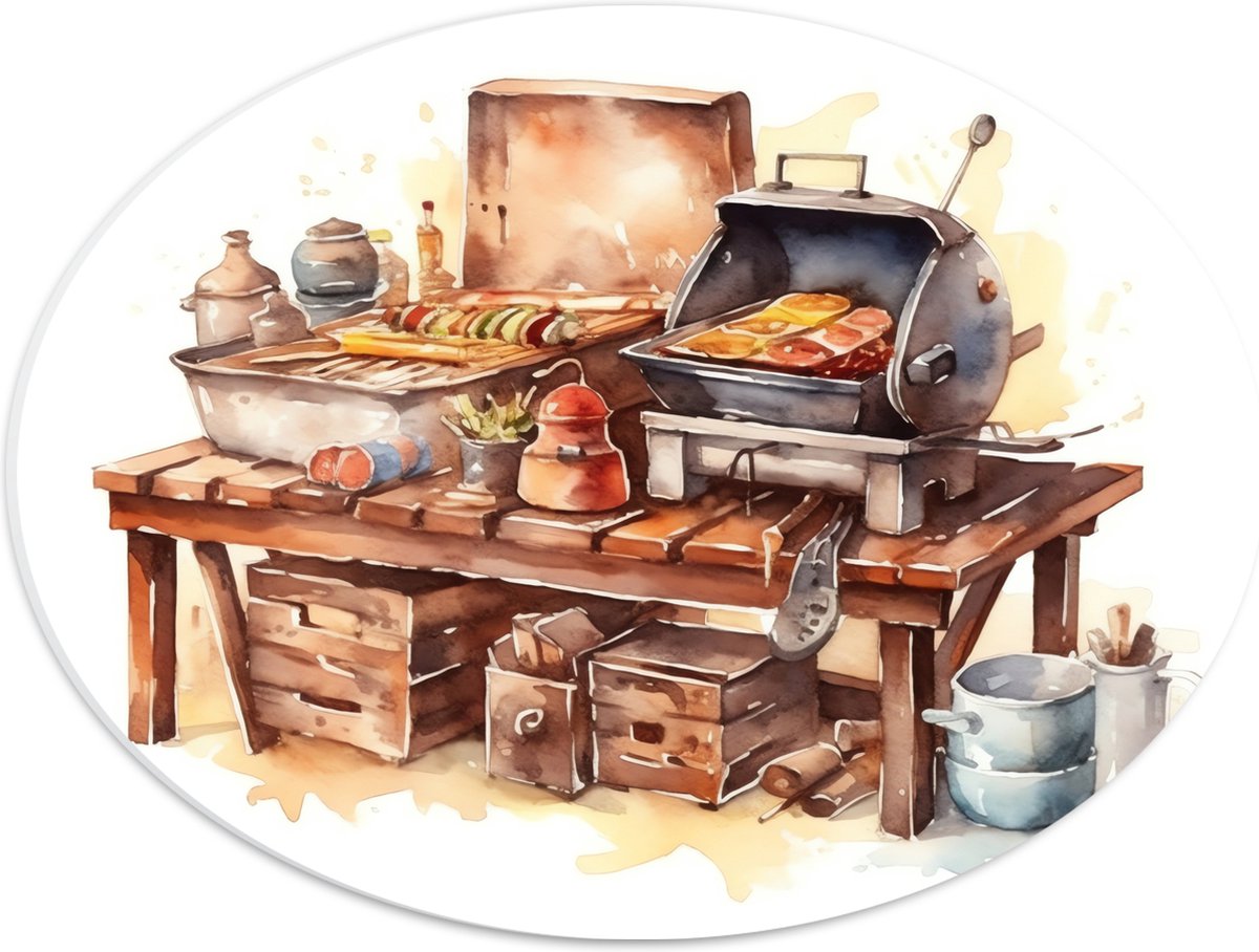 PVC Schuimplaat Ovaal - Waterverf Tekening met Barbecue en Eten - 40x30 cm Foto op Ovaal (