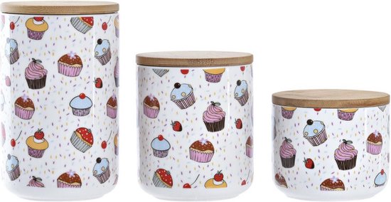 Set van 3 Potjes DKD Home Decor Natuurlijk Wit Multicolour Bamboe Keramiek Cupcake (3 Onderdelen)