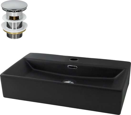 Lavabo rectangulaire en céramique noir mat avec bouchon de vidage chromé.