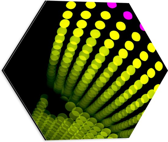 Dibond Hexagon - Groene en Paarse Stippen op Zwarte Achtergrond - 40x34.8 cm Foto op Hexagon (Met Ophangsysteem)