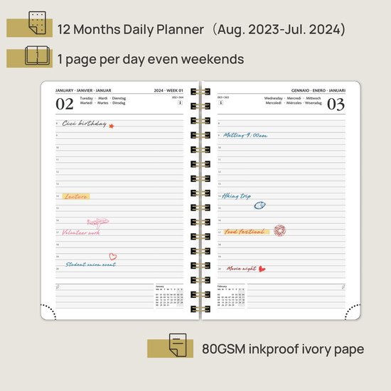 Agenda Daily 2023 2024 A5, agenda 12 mois du 23 août au 24 juillet, 1 jour  1 page