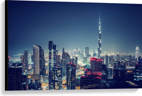Canvas - Dubai in de Nacht met Burj Khalifa - 90x60 cm Foto op Canvas Schilderij (Wanddecoratie op Canvas)