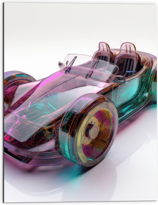 Dibond - Doorzichtige Auto met Paarse en Groene Kleuren - 60x80 cm Foto op Aluminium (Met Ophangsysteem)