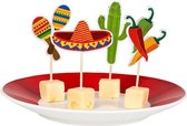 SHOP YOLO - Tiges de cocktail Fiesta Mexico - 12 pièces - bâton en bois longueur 9 cm - brochettes en bois pour goûter et apéritif, vaisselle de fête, anniversaire, carnaval