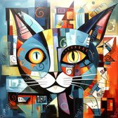 JJ-Art (Canvas) 60x60 | Poes, kat in Picasso stijl, kleurrijk, kunst | abstract, dier, blauw, rood, geel, wit, zwart, vierkant, modern | Foto-Schilderij canvas print (wanddecoratie)