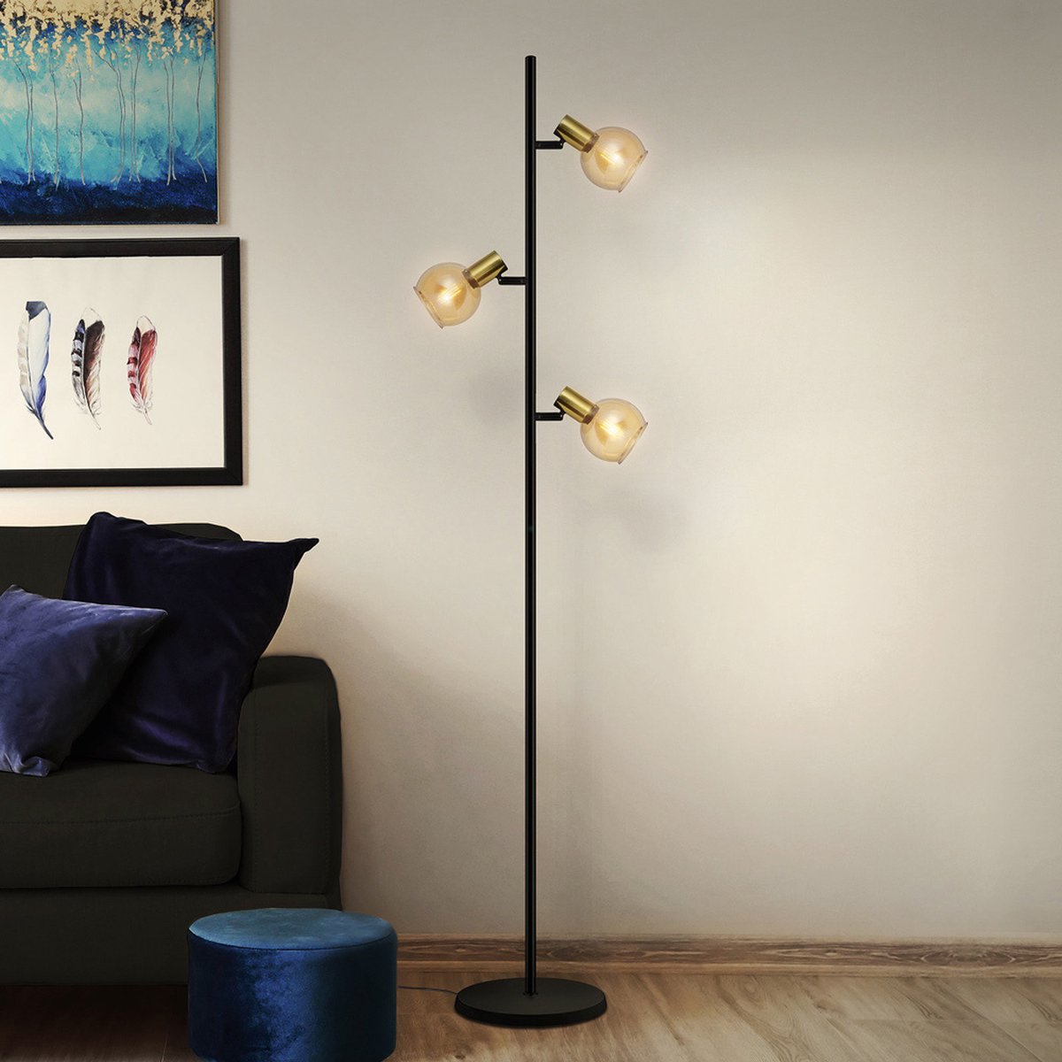 Moderne mat zwarte met zandgouden staande lamp en amberkleurig glas - 3-lichts Fayette