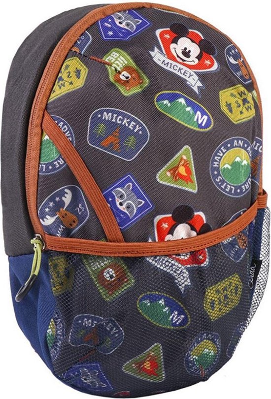 Blauwe rugzak met grijze zijkanten en Mickey Mouse-patches, zoals Micky en een eland.