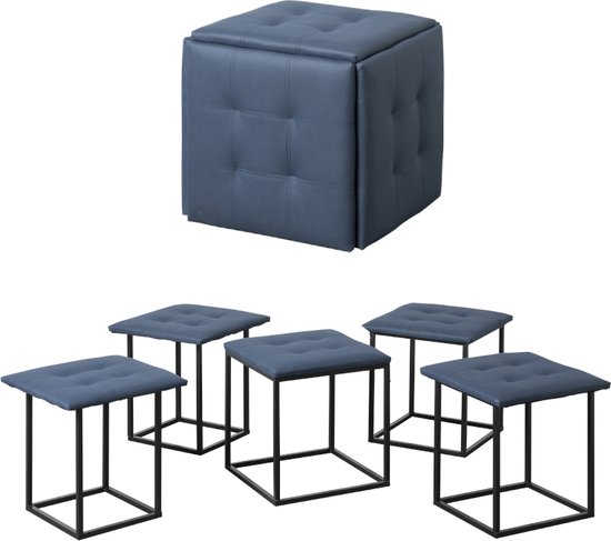 Brulo – ottoman 5 in 1 poef – stoel – 5 stoelen – blauw– met wielen