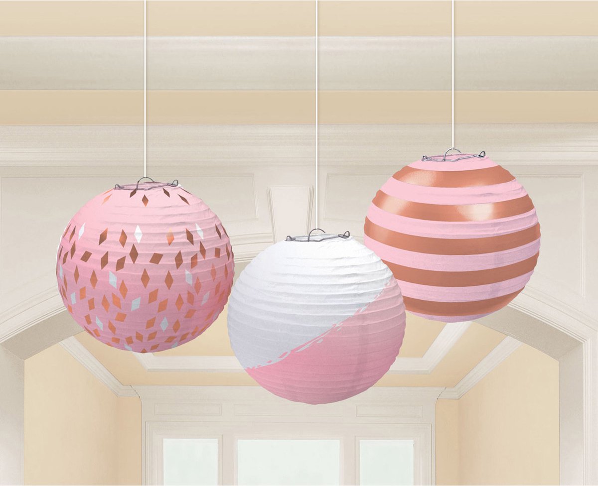 Amscan - Rosé Gold - Lampionnen / Lantaarns (3 stuks, 24,1 cm) - Lampion sint maarten - lampionnen - Sint maarten optocht - lampionnen papier