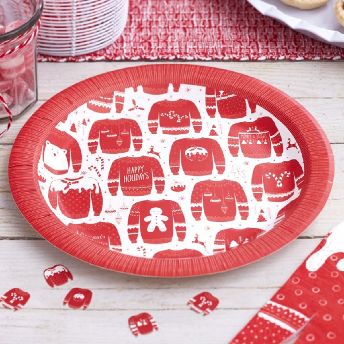 Ginger Ray - Ginger Ray - Cosy Christmas – Borden Rood Witte Kersttrui (8 stuks)
