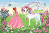 Kasteel - Sprookjesprinses en Unicorn -Fotobehang - Vlies Behang - 312 x 219 cm