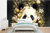 Behang - Fotobehang Panda - Pandabeer - Wilde dieren - Natuur - Bloemen - Breedte 375 cm x hoogte 280 cm