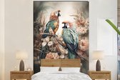 Behang - Fotobehang Papegaaien - Vogels - Natuur - Bloemen - Breedte 145 cm x hoogte 220 cm