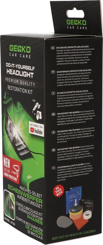 Gekko Car Care Do-It-Yourself koplamp restauratie set verpakking, met 'As Seen on YouTube' logo.