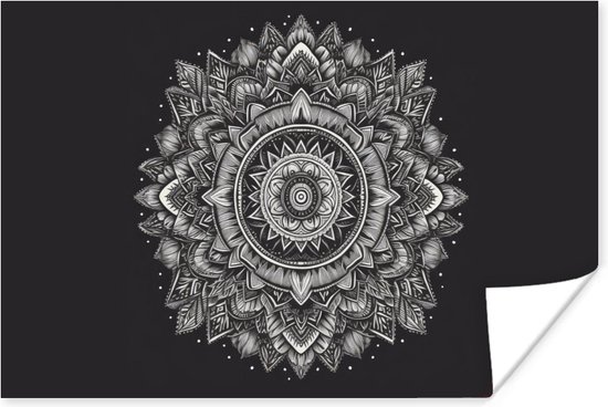 Poster Mandala - Zwart wit - Bloemen - Bohemian - Natuur - 30x20 cm