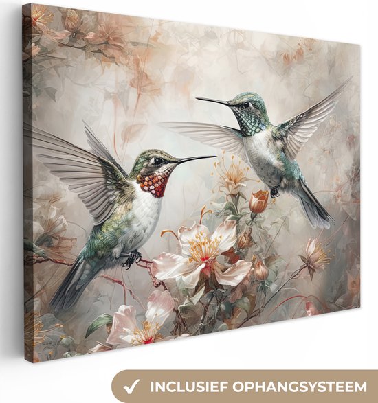 Canvas Schilderij Kolibrie - Vogels - Bloemen - Planten - 120x90 cm - Wanddecoratie