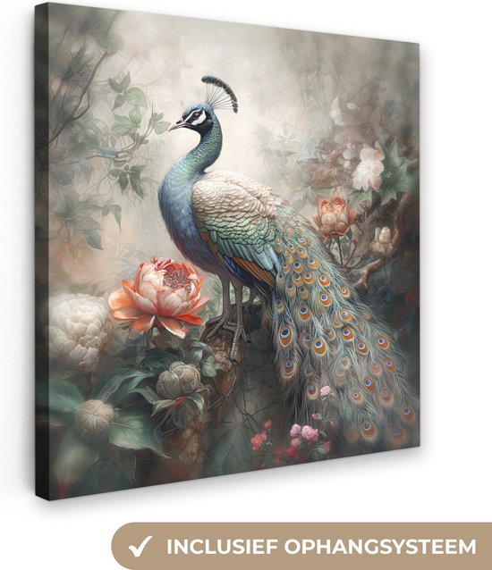 Canvas Schilderij Pauw - Pauwenveren - Vogel - Jungle - Bloemen - Wanddecoratie