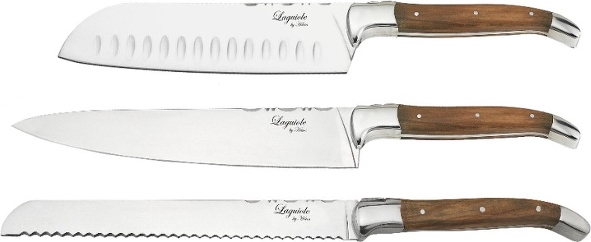 Messenset 3 delig met Bamboe Snijplank, Olijfhout/RVS, Bruin - Santokumes, Broodmes, Kokmes - Laguiole by Haws