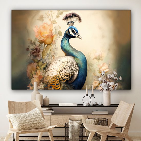 Tableau sur toile Paon - Plumes de paon - Fleurs - Vogels - Botanique - 180x120 cm - Décoration murale XXL