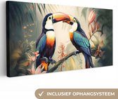 Canvas Schilderij Toekan - Vogels - Bloemen - Natuur - Jungle - 80x40 cm - Wanddecoratie