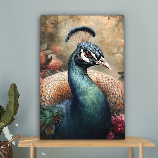 Tableau sur toile Paon - Vogel - Fleurs - Plantes - Plumes de Paon - 60x90 cm - Décoration murale