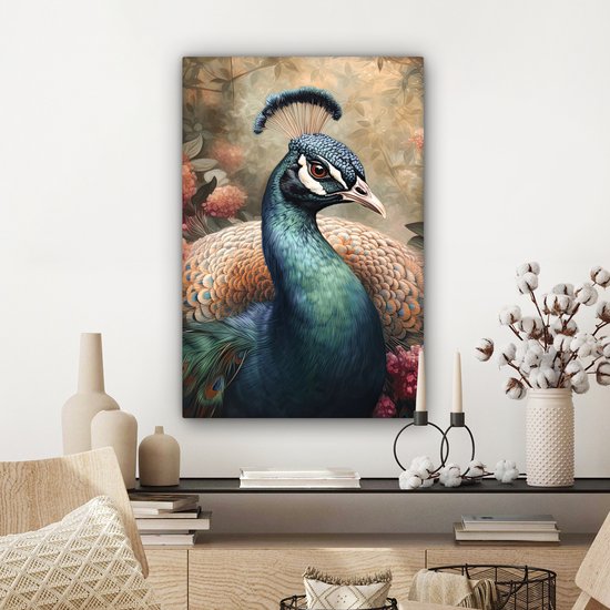 Tableau sur toile Paon - Vogel - Fleurs - Plantes - Plumes de Paon - 60x90 cm - Décoration murale