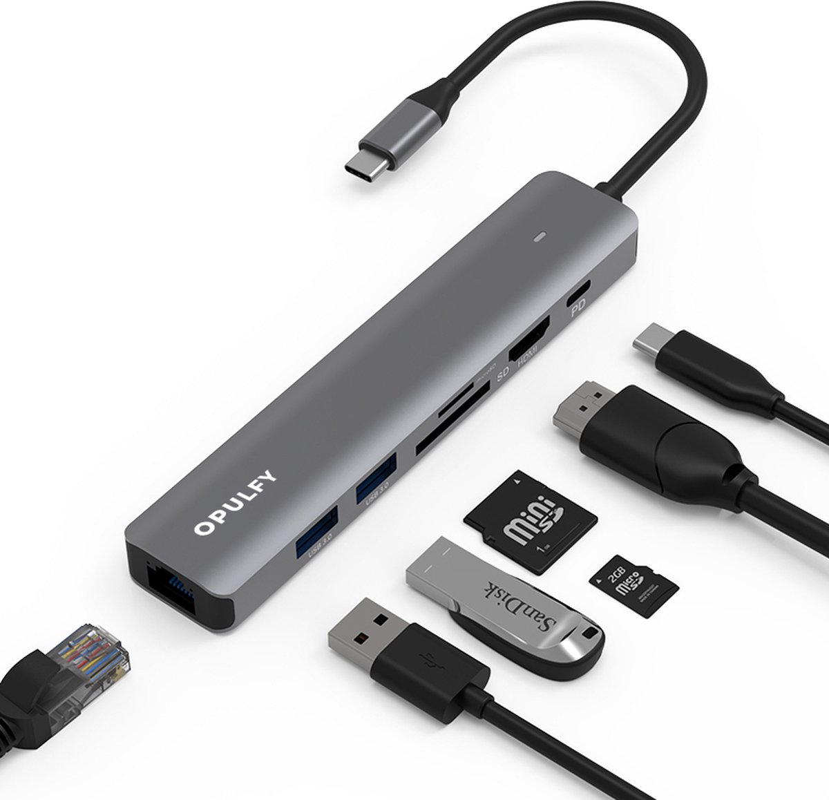 Opulfy - USB C Hub - 7 in 1 - USB C Hub - HDMI - USB-C Opladen – Gigabit Network - USB – Power Delivery - USB Splitter - HDMI - USB hub - Laptop - Macbook