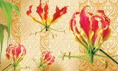 Fotobehang - Vlies Behang - Rode Bloemen op Ornament - 368 x 254 cm
