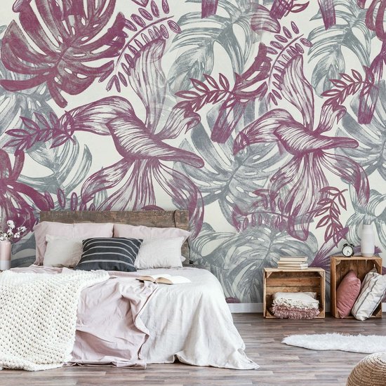 Papier Papier peint photo Intissé - Feuilles de Jungle Botanique Rouge - 254 x 184 cm